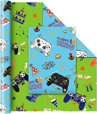 Rolo de papel de embrulho para presente gamer - 1 rolo 17” X 33 pés papel de embrulho para videogame - Imagem 1 de 4