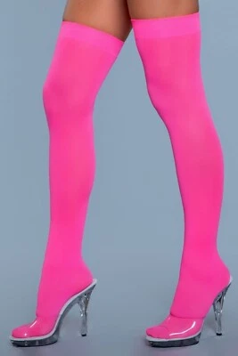 BeWicked Thigh Highs Opaque Nylon Neon Pink One Size - Image 1 of 3