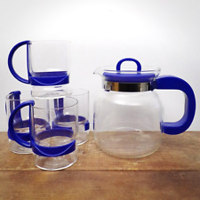 Vintage Randwyck Glass Teapot Cups Set Coffee Pot Mugs Plastic Handles Blue