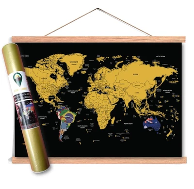 Global Walkabout Scratch off Map with Flags Background and Wooden Poster Frame M