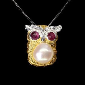 925 Sterling Silver Necklace Round Ruby Pearl Owl Gemstone Jewelry 18inches - Imagen 1 de 14