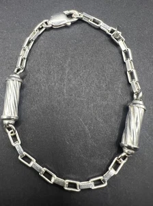 Sterling Silver Twist Cylinder Beads Square Link Chain Bracelet 8 3/4" Long - Picture 1 of 4