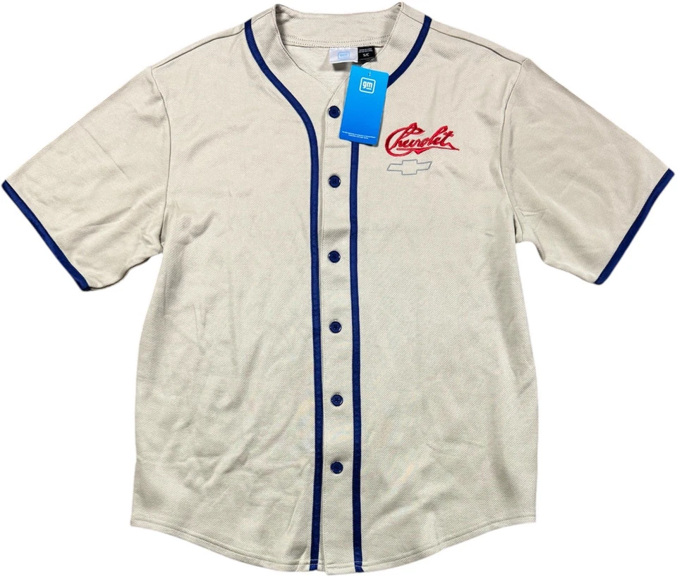 Camiseta deportiva de béisbol Chevrolet 11 para hombre pequeña azul crema botón con licencia GM nueva con etiquetas Foto 1 de 4