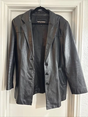 Chaqueta blazer de cuero negra Wilson vintage talla XL abrigo abotonado para mujer Foto 1 de 4