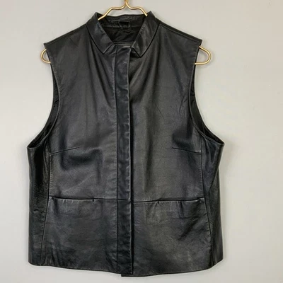 VTG Coldwater Creek Sz Large Black Buttery Soft Leather Hidden Button Moto Vest - Image 1 of 4