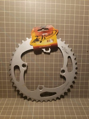 NOS Rocket Rings 44 Tooth Chainring 104mm BCD 4 bolt Silver 6061 Made in the USA - Image 1 of 4