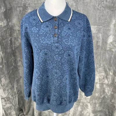 Cape Cod Sportswear Blue Floral  Quilted Knit Collared Button Neck Sweatshirt L - Image 1 of 4