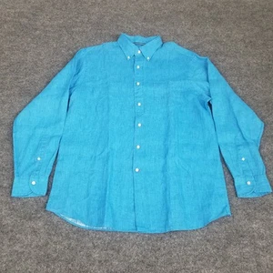 Cremieux Men Size L Blue Linen Button Up Shirt Long Sleeve Casual Coastal - Picture 1 of 13