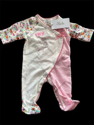Bebe Minihaha NWT Pink Stripe/Floral Crochet Edged Cotton Snap Footie-Newborn - Image 1 of 4