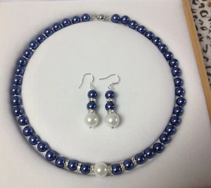 8-12MM Blue/White Genuine Shell Pearl necklace earrings Jewelry set AAA Grade - Picture 1 of 6