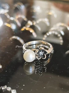 Authentic Pandora Mystic Floral Pearl With Clear Cz Ring In Gift Box 56 Size 7.5 - Picture 1 of 2