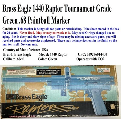 Маркер для пейнтбола Brass Eagle Raptor 1440 калибр 0,68 (продается на запчасти или для ремонта) - Изображение 1 из 4