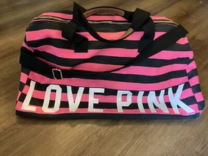 Vintage PINK Victoria’s Secret Canvas Black NEON Stripe Duffle Bag adjustable - Picture 1 of 9