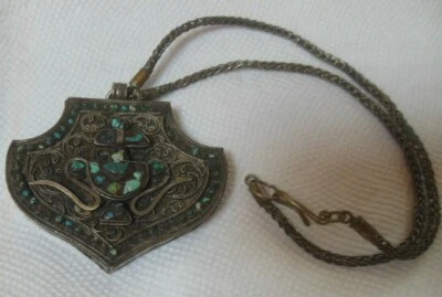 Antiguo collar de caja de oración tibetano Gau cadena de malla turquesa Foto 1 de 4