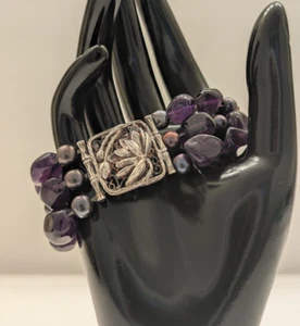925 STERLING SILVER AMETHYST & BLACK PEARLS 3 STRANDS  BRACELET - Picture 1 of 6