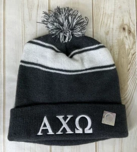 New Alpha Chi Omega Pom-Pom Gray & White Beanie Hat Winter One Size Pom NWOT H1 - Picture 1 of 2