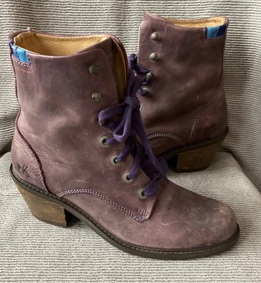 Botas de Combate John Fluevog Púrpura Cuero Envejecido Tacón Bloque Para Mujer Talla 8 Foto 1 de 4