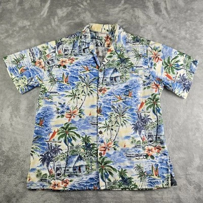 Camisa de campamento vintage Go Barefoot para hombre talla grande Blanco Azul Verde Palmeras Ocean Huts Foto 1 de 4