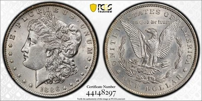 Dólar de plata Morgan 1886-O $1, escudo de oro PCGS AU55 (58?) Foto 1 de 3