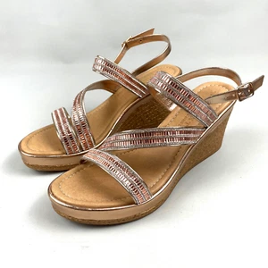 NEXT Wedge Sandals Ankle Strap Diamonte Size 7 UK | 41 EU Rose Wicker Heel NEW - Picture 1 of 8
