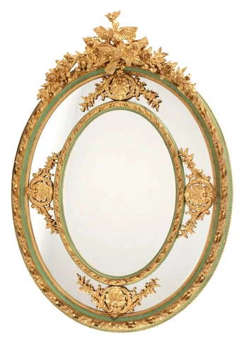Oval Mirror, Louis XVI Style, Parcel Gilt & Green Painted, Cast Resin, Vintage! Cover