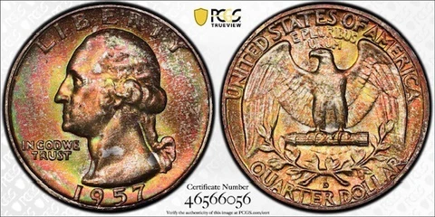 MS66 1957-D 25C Washington Silver Quarter, PCGS Secure- Rainbow Mint Set Toned Cover