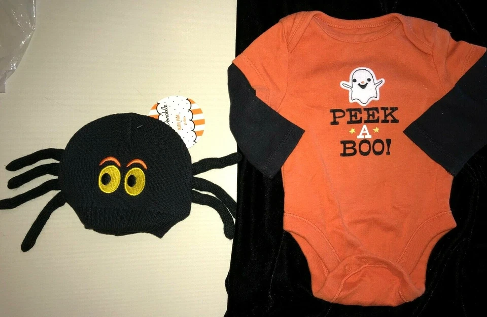 baby boys 0-3 month OLD NAVY HALLOWEEN SHIRT GHOST NEW SPIDER HAT knit CUTE @@ - Image 1 of 1