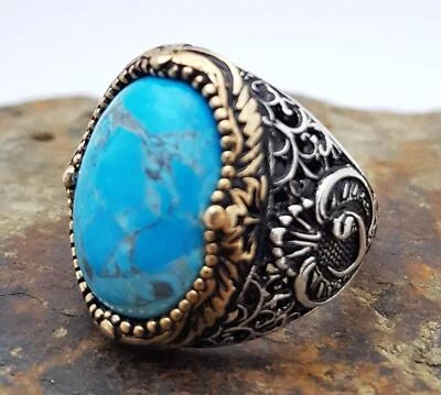 Solid 925 Sterling Silver Natural Arizona Turquoise Gemstone Signet Men's Ring - Image 1 of 4