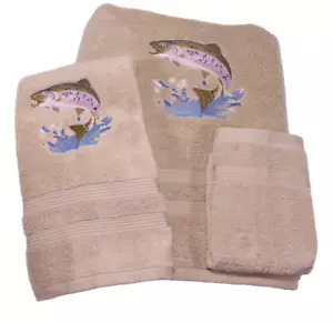 Embroidered Jumping Trout on Beige Bath Towel Set Wash Hand - Picture 1 of 2