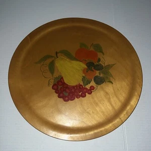 Wooden Tray, Hand-painted Fruit Woodcroft-style 1950's, 16" round, Vintage - Picture 1 of 8