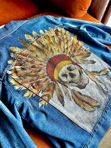 OOAK , custom made Denim Jacket, Hand painted American Indian Headdress Jean - Picture 1 of 4