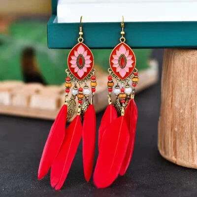Moda Mujeres Pendientes Bohemios Ovalados Esmaltados Flores Pluma Cuentas Borla 1493 Foto 1 de 4