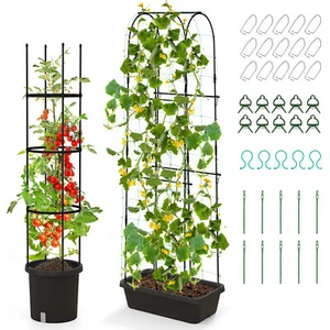 2-Pack Garden Trellis 58.5" Tomato Cage & 71" Cucumber Trellis w/ Planter Box - Picture 1 of 10