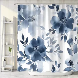Navy Blue Floral Shower Curtain Blue and White Abstract Watercolor Ink Flower... - Picture 1 of 7