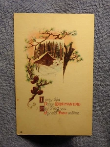 Vintage Postcard Happy Christmas Time Poem, Winter Cabin Scene - Bild 1 von 2