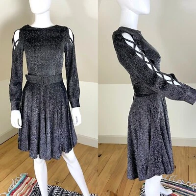 Vintage 60s 70s Metallic Lurex Skater Mini Dress Disco Cutout Sleeves XSmall XS - Image 1 of 4
