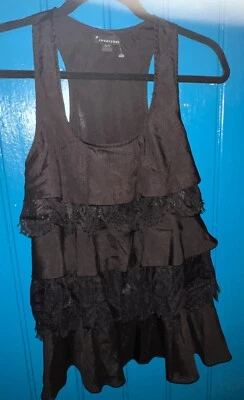 Nuevo Precioso Vestido Top Veintiuno Negro Sin Mangas Encaje Con Volantes Talla Pequeña Foto 1 de 4