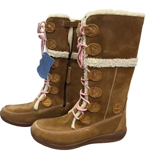 Timberland Brown Leather Tall Winter Boots Wool Lined Girls Size 5.5 Women 6.5/7 - Picture 1 of 10