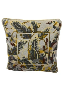 Vintage 1970s Needlepoint Pillow Botanical Leaves Hand Stitched Finished Piece - Picture 1 of 11