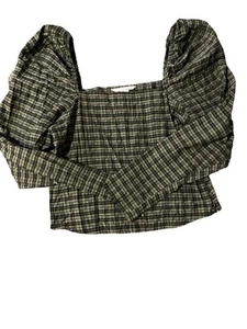 H&M Olive & Green Plaid Puff Sleeve Cropped Top - XS - Picture 1 of 1
