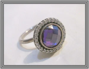 PANDORA 1990s Sterling - LAB CREATED AMETHYST & DIAMOND HALO STYLE RING - ALE NR - Picture 1 of 5