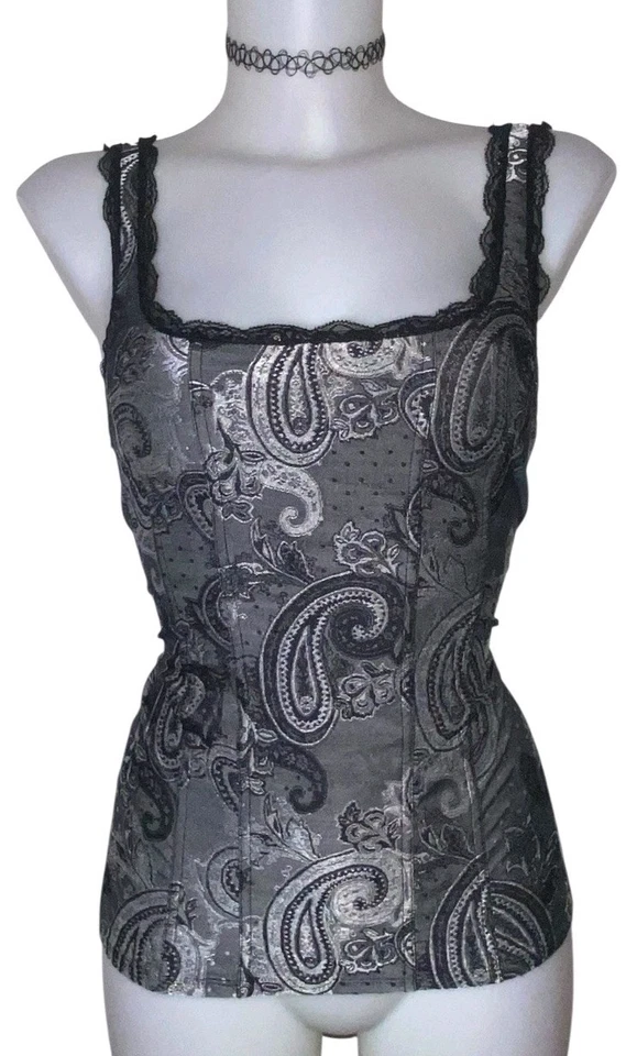 Y2k Años 90 Mujer Negro Paisley Encaje Corsé Estilo Bruja Capricho Vampiro Top Talla M Foto 1 de 4