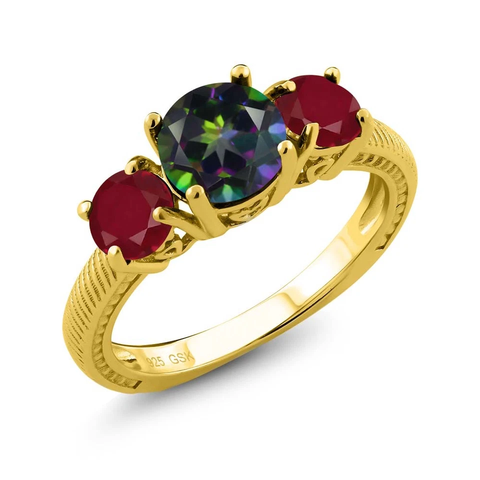 Anillo de plata chapado en oro amarillo de 18 quilates con topacio místico verde redondo de 2,40 quilates Foto 1 de 1