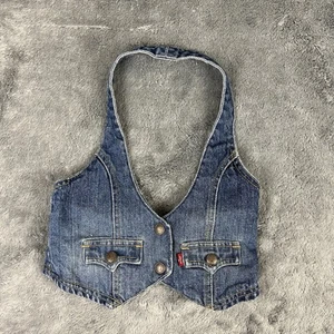 Levi's Women's Denim Halter Cropped Top Front Plunge Size Medium Y2K Bra - Picture 1 of 9