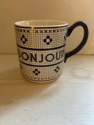 Новый с Ярлыками Anthropologie BONJOUR бистро плитка кофейная кружка черный белое золото мозаичный вид - Изображение 1 из 4