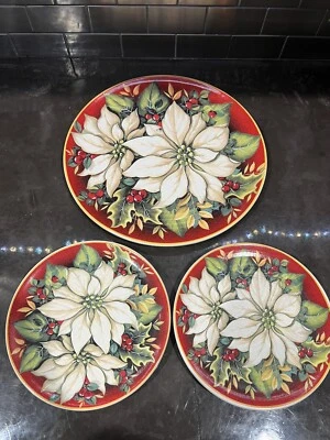 Red Poinsettia Holly 12” Charger Serving Plate & 2 Dinner Plates 8” Set Italy - Image 1 of 4