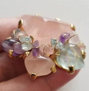 Vintage Brooch Semi Precious Stones Gold Tone Round - Picture 1 of 5