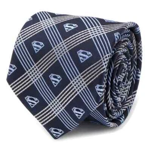 Superman Shield Navy Plaid Mens Tie - Picture 1 of 5