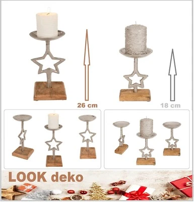 Metallo Portacandela Stern Argento Design Su Holz-Standfuß 18 & 26 CM 2 X Pacco - Immagine 1 di 4