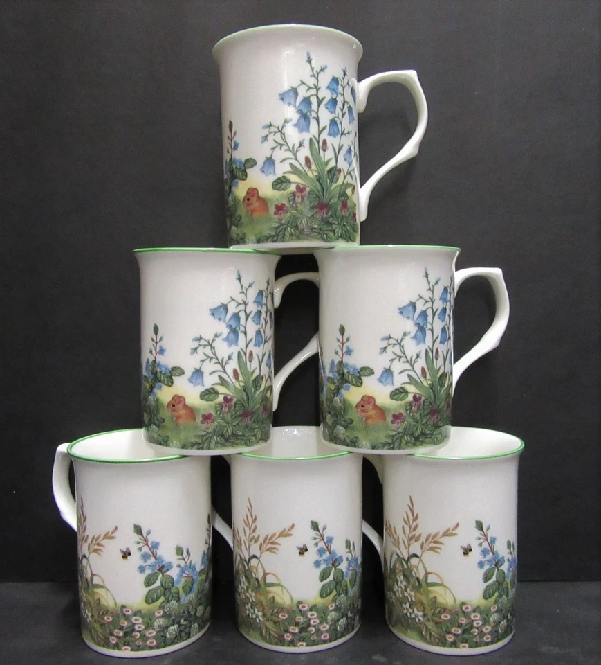 R A LAWRENCE Set Of 8/6/4/2/1 Mugs Harebell Mice Fine Bone China Mugs Cups Castle Shape 10oz